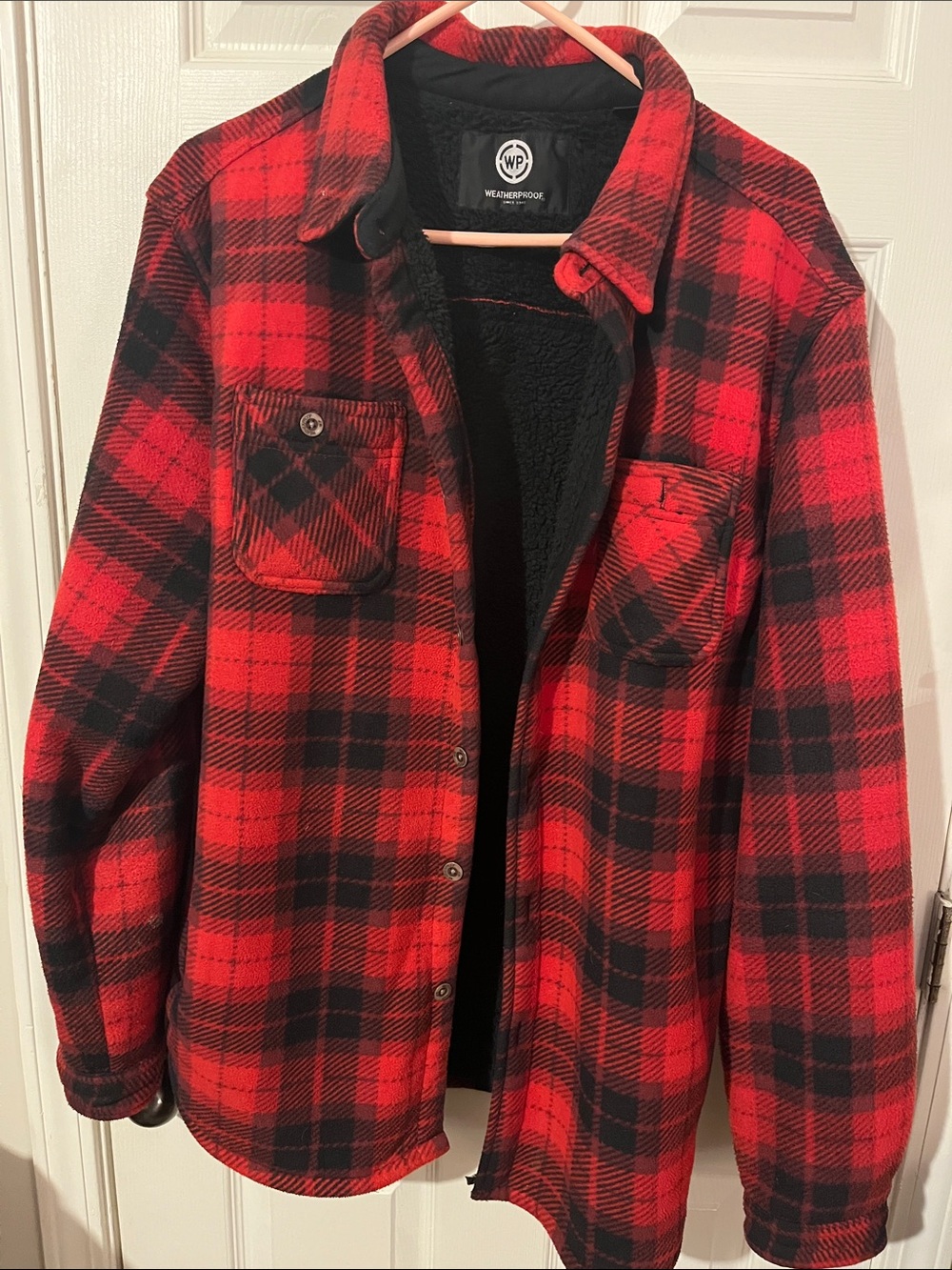 Weatherproof Red and Black Plaid Sherpa-Lined Shirt Jacket